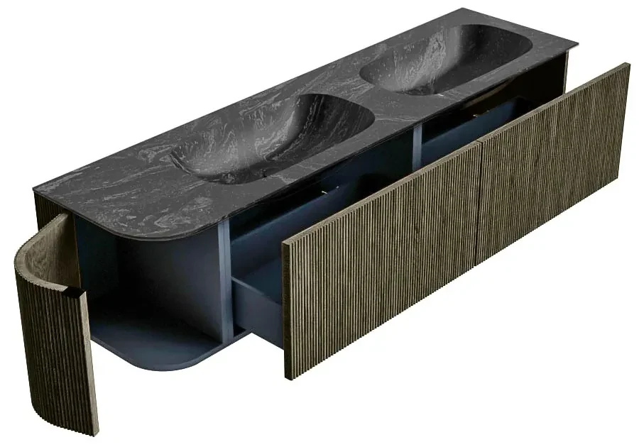 Mondiaz Kurve-dlux 175cm badmeubel ronding links shadow met 2 lades en 1 deur en wastafel stor small dubbel/rechts 2 kraangaten lava