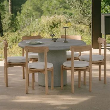 Set Van Ronde Tafel Ø120 Cm In Cement Emiria En 6 Tuinstoelen Van Acaciahout Nualis Lichtgrijs - Sklum