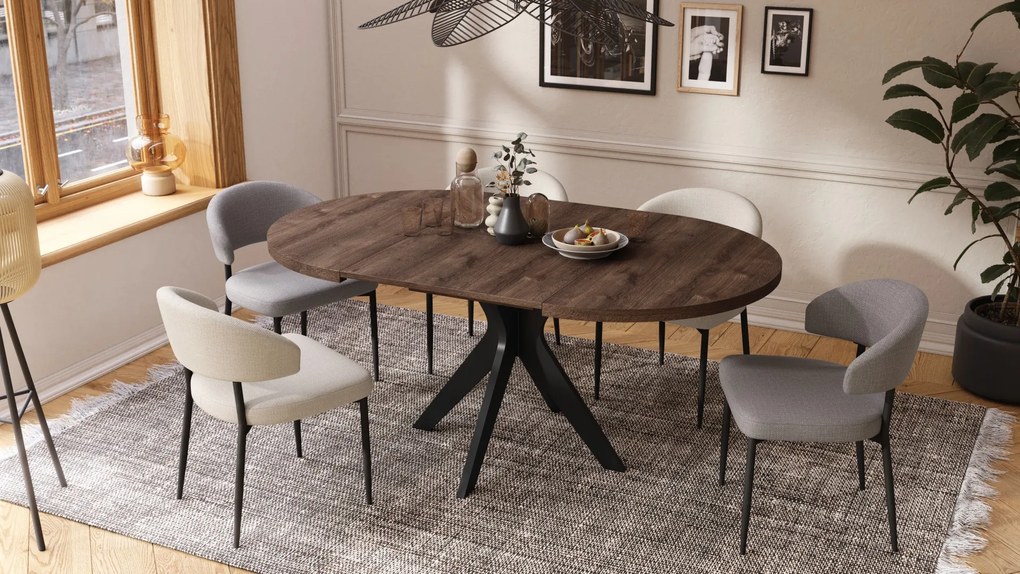 RENZO Bruin Eiken/zwarte poot - RONDE TAFEL Ø110 UITKLAPBAAR TOT 180 cm | VOOR DE KEUKEN EETKAMER WOONKAMER RETRO