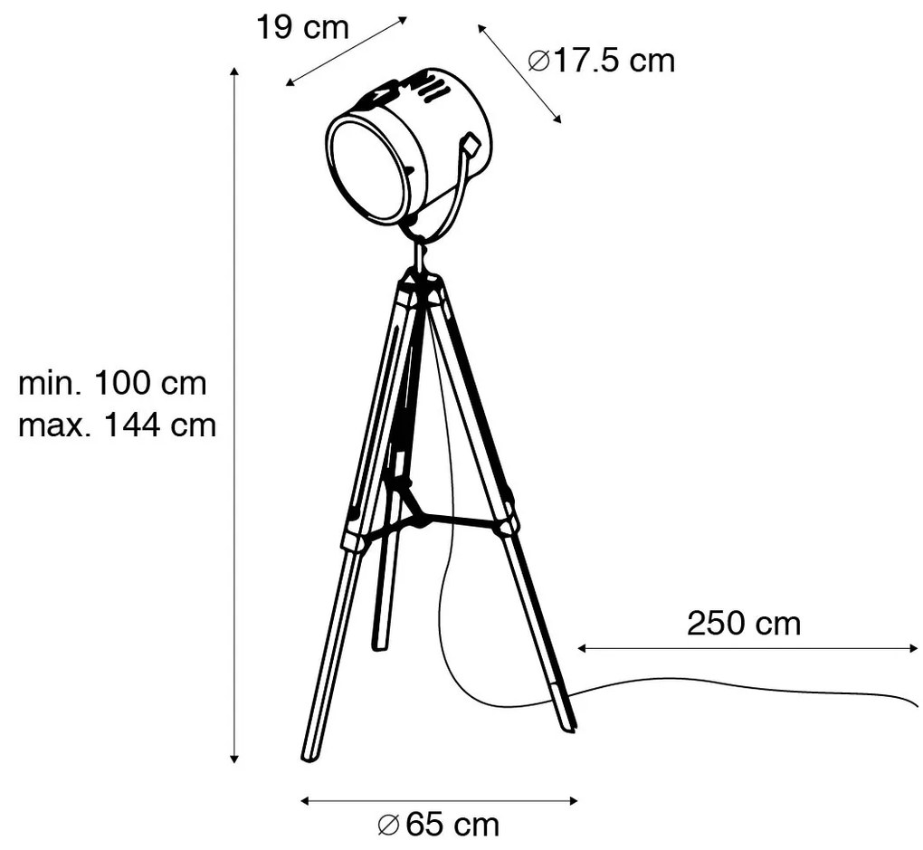 Industriële vloerlamp tripod hout met studioSpot / Opbouwspot / Plafondspot - Braha Industriele / Industrie / Industrial E14 Binnenverlichting Lamp