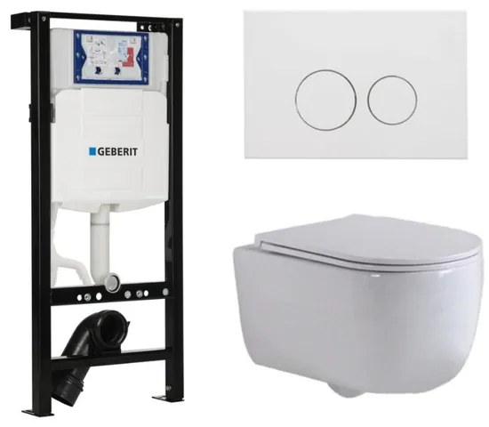 QeramiQ Dely Swirl Toiletset - 36.3x51.7cm - Inbouwreservoir met Geberit UP320 spoelmechanisme - slim zitting - mat witte metalen bedieningsplaat - ronde knoppen - wit glans SW1381697/SW706190/SW1000766/SW1026256