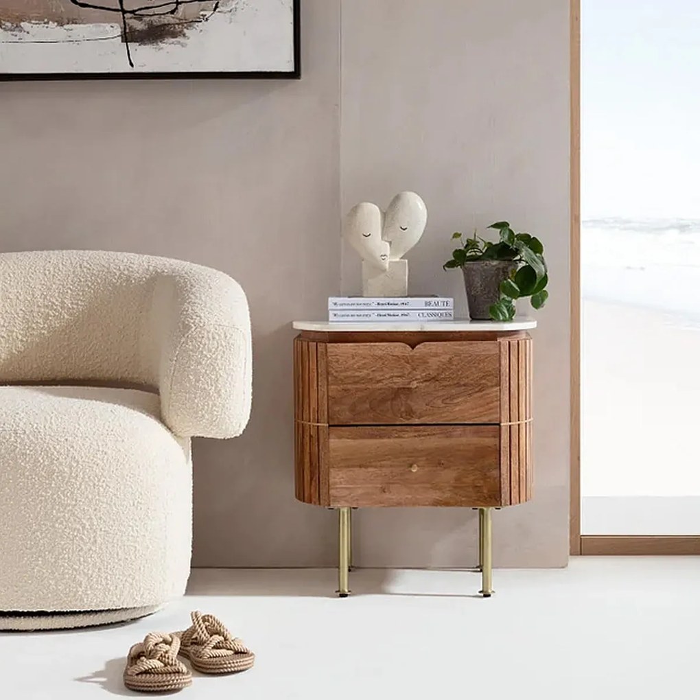Kare Design Grace Nachtkastje Mangohout En Marmer - 50x35x55cm.