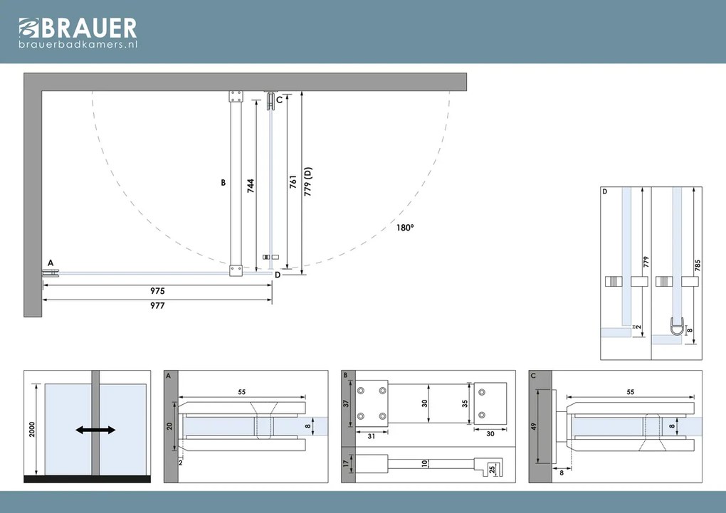 Brauer Void profielloze douchecabine 80x100cm koper geborsteld PVD