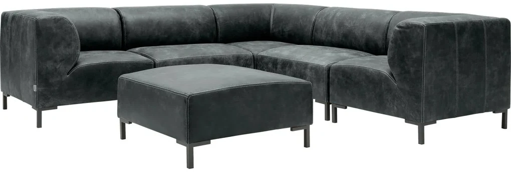Goossens Excellent Hoekbank Marshall Met Hocker zwart, leer, 2 x 1,5-zits, urban industrieel