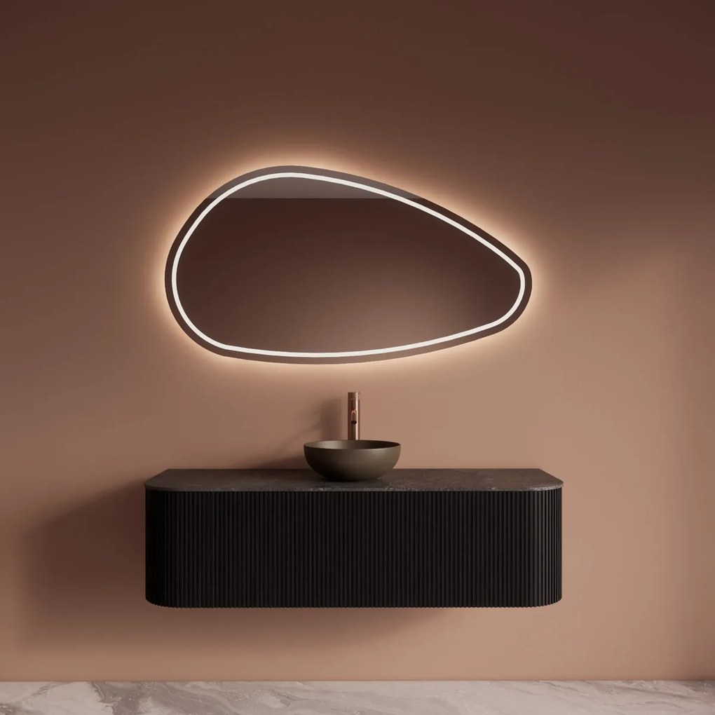 Gliss Design Alluro badmeubel ribbelfront met ronding links/rechts 140cm black en zwart leisteen toppaneel