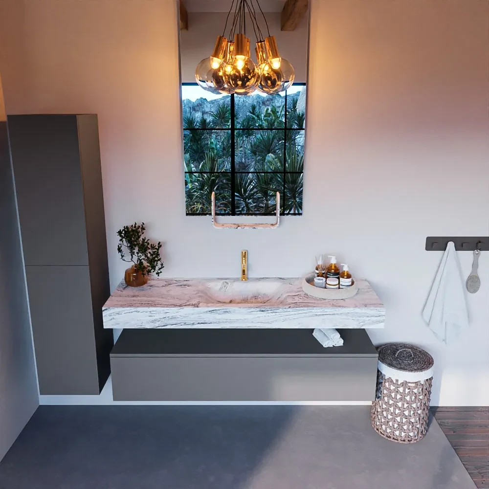 Mondiaz Alan DLux badmeubel 150cm plata 1 lade met wastafel glace midden 1 kraangat