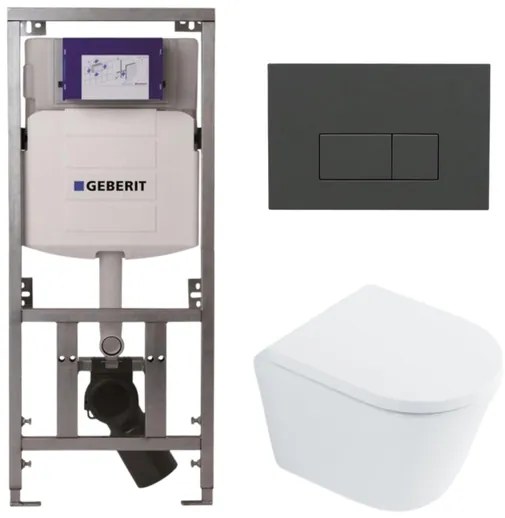 QeramiQ Dely Toiletset - 36.3x51.7cm - diepspoel - rimless - Geberit UP320 inbouwreservoir - met Burda frame - softclose toilet zitting 35 mm - bedieningsplaat antraciet mat - rechthoekige knoppen - wit glans SW1026255 / SW1159505 /0701131/SW1102377