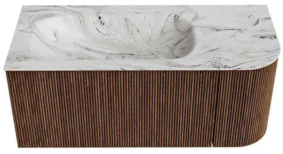 Mondiaz Kurve-dlux 105cm badmeubel ronding rechts walnut met 1 lade en deur en wastafel big small links zonder kraangat glace