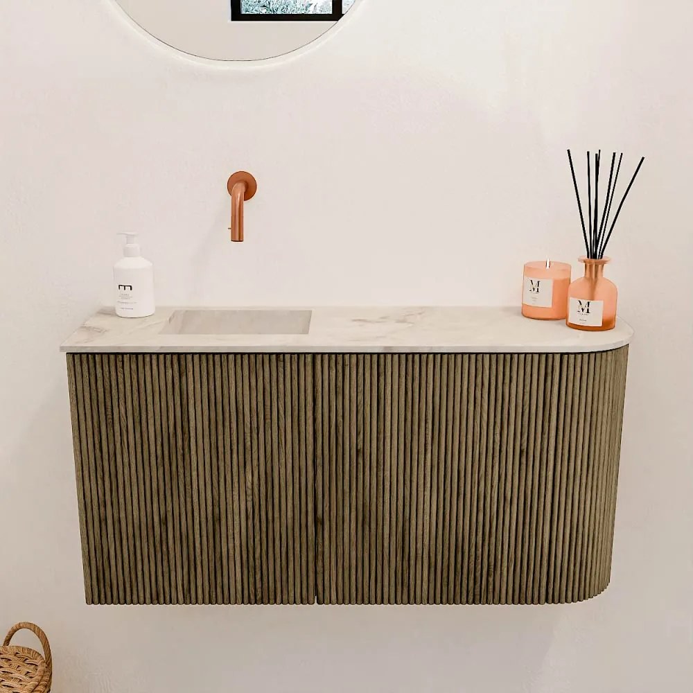 Mondiaz Joya DLux 80cm toiletmeubel ronding rechts dusk met wastafel faye links zonder kraangat frappe