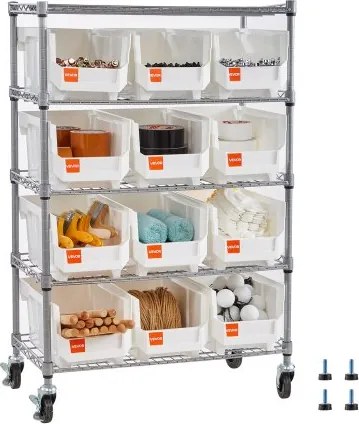VEVOR vrijstaande opbergkast, opbergrek met 5 niveaus en 12 stapelbare dozen, verrijdbaar opbergsysteem, mobiele gereedschapsopslag voor garage, magazijn, kantoor, restaurant, klaslokaal, keuken