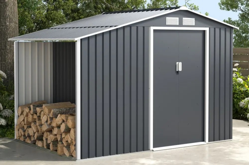 Metalen tuinhuisje Skagen met houtopslag 2.8 x 1.9 m Store Boss antraciet