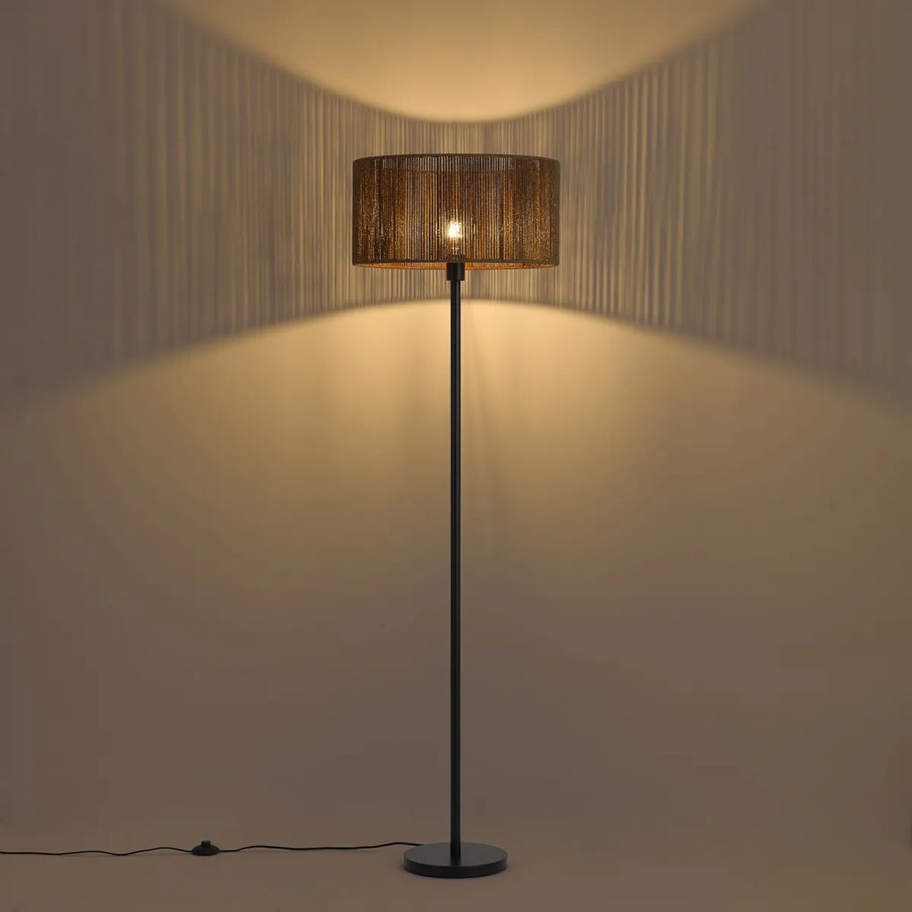Vloerlamp zwart met bruine papieren touw kap 50/50/25 - Simplo
