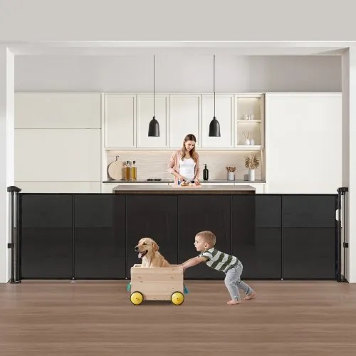 VEVOR Uitschuifbaar babyhekje (87 cm hoog uitschuifbaar tot 280 cm breed) uitschuifbaar hek voor kinderen en huisdieren, gaasmateriaal, traphekje voor binnentrappen, deuren, gangen, speelkamers, zwart