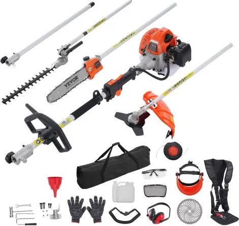 VEVOR 52CC 6-in-1 multifunctionele heggenschaar, benzineheggenschaar, onkruidverdelger, draadtrimmer, bosmaaier, kantenmaaier, stoksnoeischaar, kettingzaag, snoeizaag met verlengstok