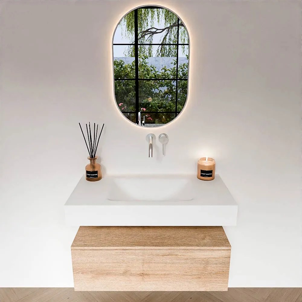 Zaro Alan badmeubel 90cm washed oak 1 lade met vrijhangende wastafel cloud midden zonder kraangat talc