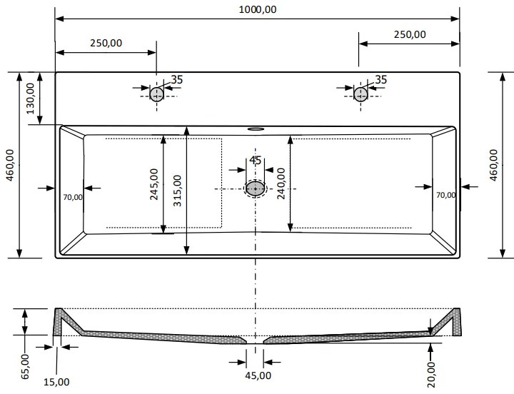 Fontana Kolo wastafelmeubel mat zwart 100cm mat witte wastafel 2 kraangaten