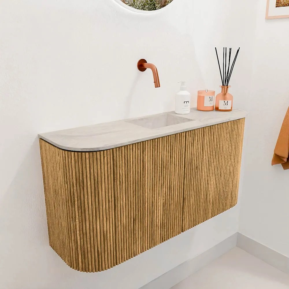 Mondiaz Joya DLux 85cm toiletmeubel ronding links/rechts oak met wastafel faye midden zonder kraangat ostra