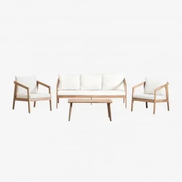 Tuinset Met Bank, 2 Fauteuils En Salontafel Van Acaciahout Kaela Lichte Acaciekleur & 3 Zits & Stof Gardenia Wit - Sklum