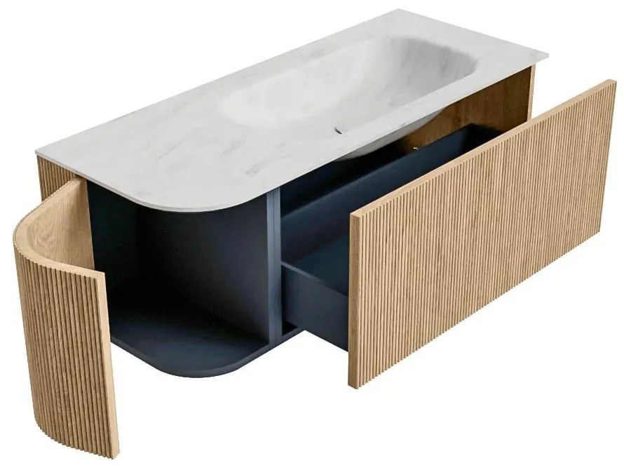 Mondiaz Kurve-dlux 115cm badmeubel ronding links oak met 1 lade en deur en wastafel big small kraangat rechts opalo