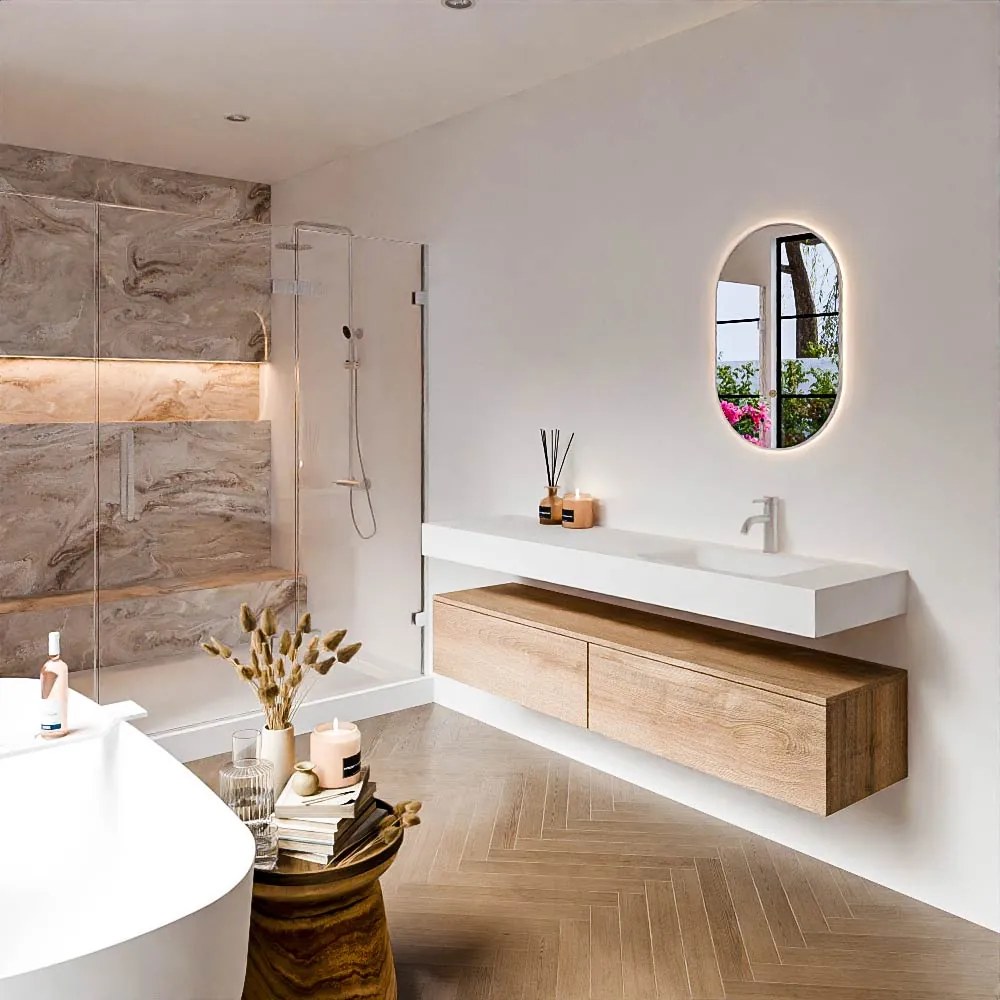 Zaro Alan badmeubel 170cm washed oak 2 lades met vrijhangende wastafel cloud rechts 1 kraangat talc