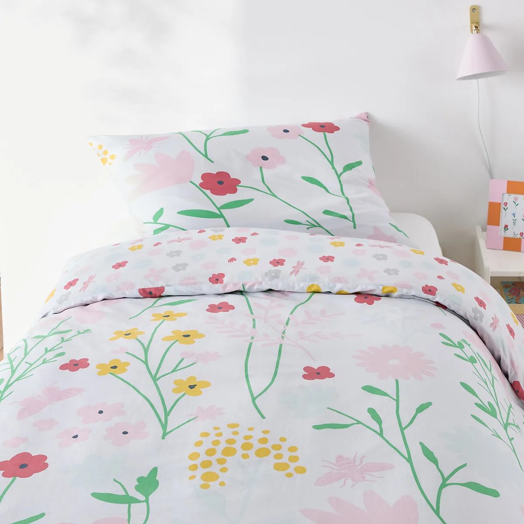 Bedset voor kinderbed in katoen, rechthoekige kussensloop.Fleurs