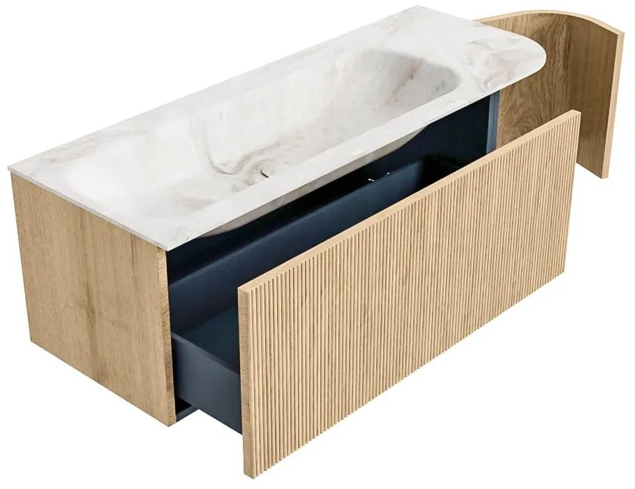 Mondiaz Kurve-dlux 125cm badmeubel ronding rechts oak met 1 lade en deur en wastafel big medium kraangat links frappe