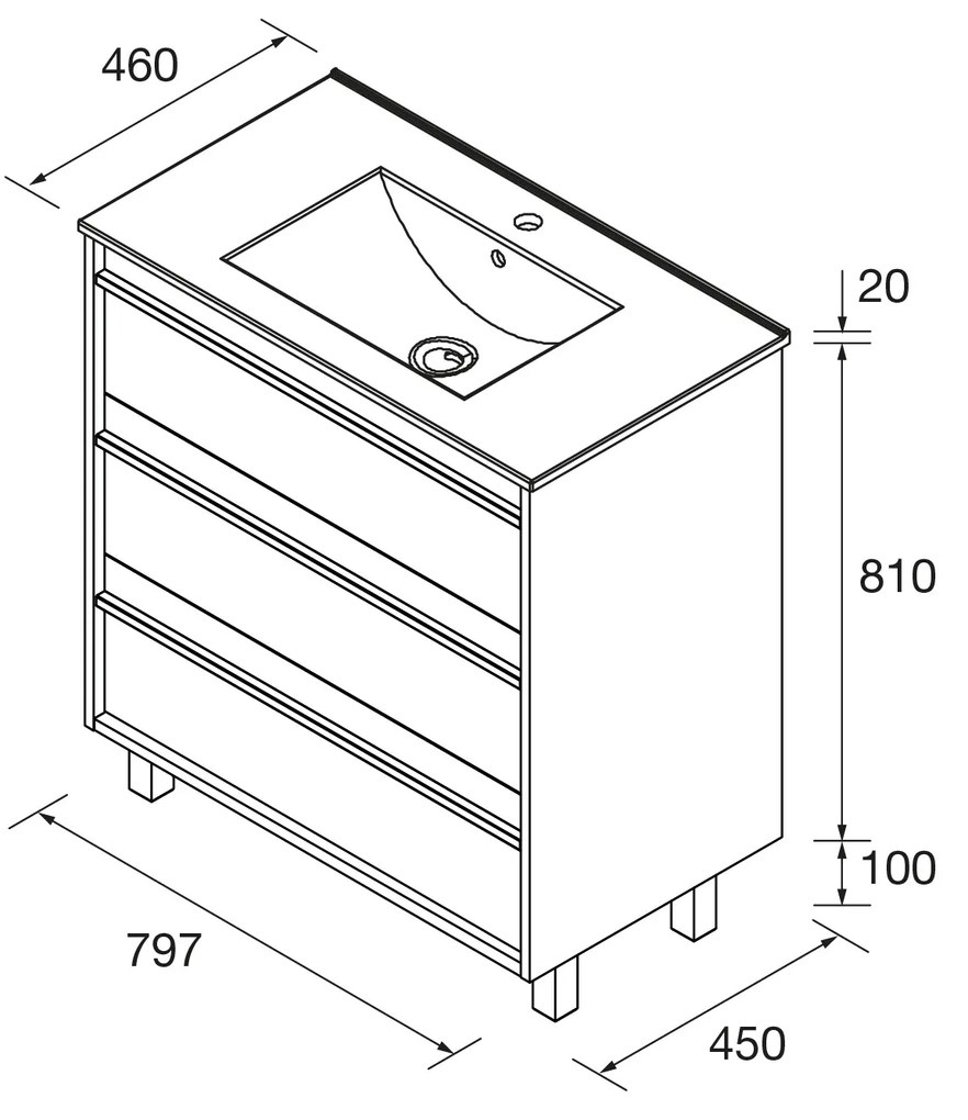 Muebles Resh badmeubel 80cm met 3 lades en wastafel walnoot