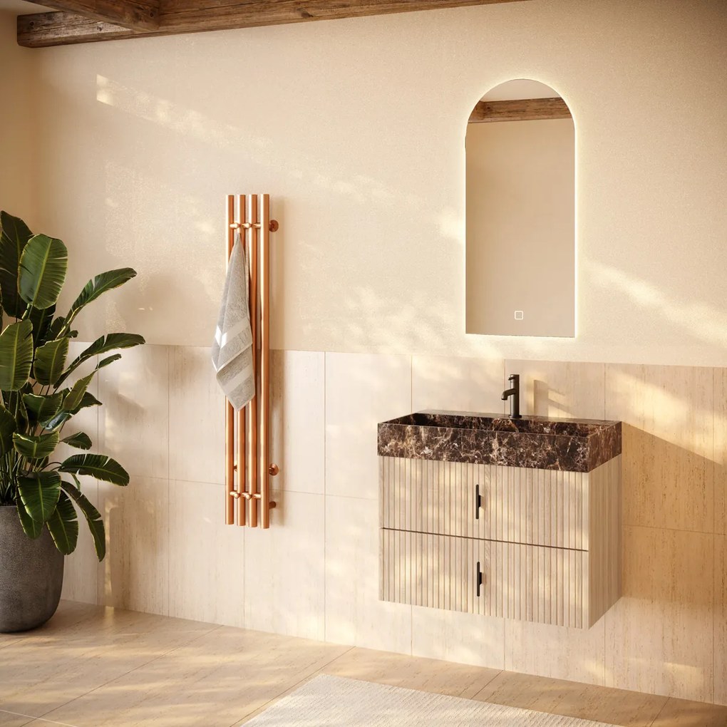 Muebles Murcia badmeubel ribbelfront 80cm naturel eiken met Dark Emperador wastafel met kraangat