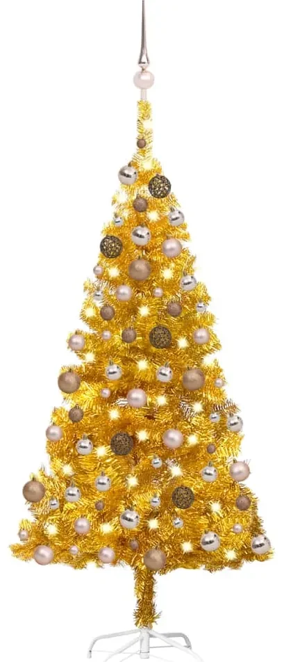 vidaXL Kunstkerstboom met LED's en kerstballen 120 cm PET goudkleurig
