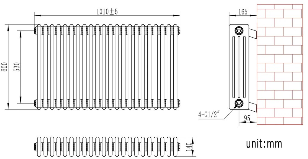 Eastbrook Rivassa 4 koloms radiator 100x60cm staal 2124W zwart mat