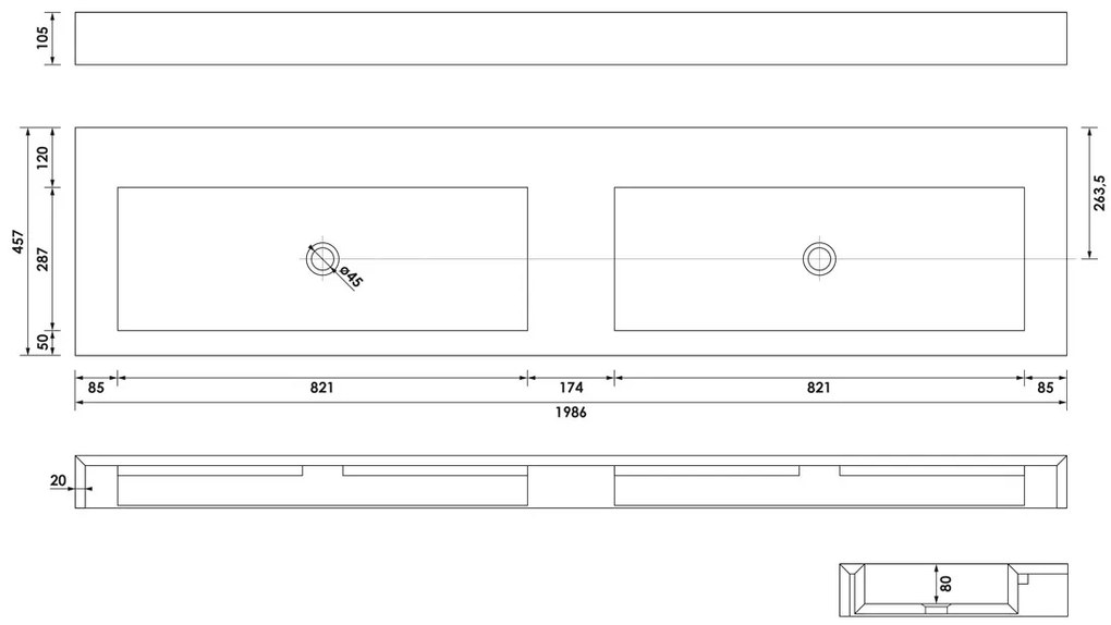 Brauer Coral dubbele wastafel marmerlook 200cm zonder kraangat calacatta gold