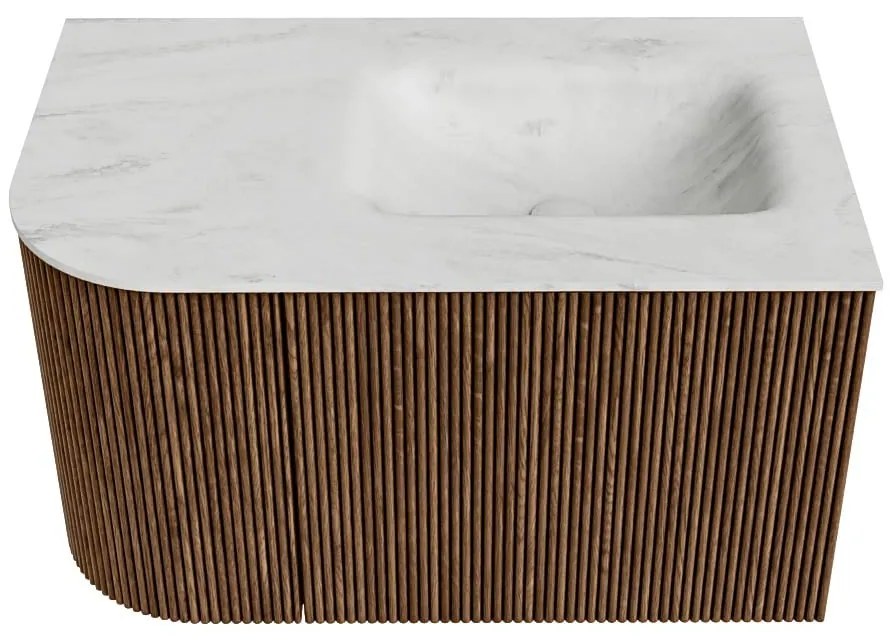 Mondiaz Kurve-dlux 75cm badmeubel ronding links walnut met 1 lade en deur en wastafel grunne kraangat rechts opalo