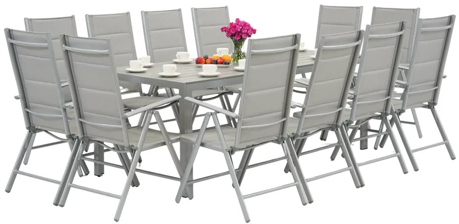 Garden Point lichtgrijze aluminium tuinmeubelen met grote Polywood Verona tafel voor 12 personen