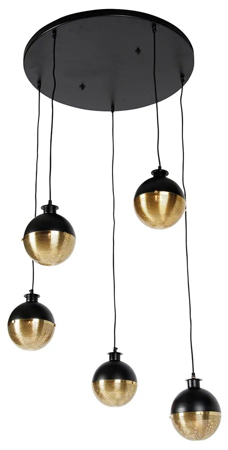 Industriële hanglamp zwart met messing 5-lichts - Haicha