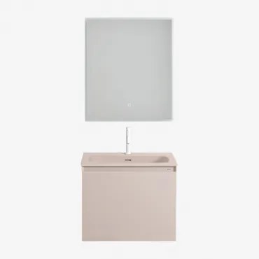 Macrae Houten Badkamermeubelset Met Geïntegreerde Wastafel Beige – Linnen & Rechthoekige Led En Anticondens 60x70 Cm Riben - Sklum