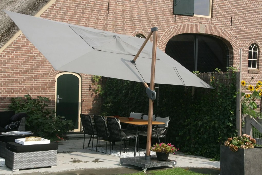 4-Seasons zweefparasol Hacienda 300 x 400 - Woodlook/Charcoal met voet en hoes