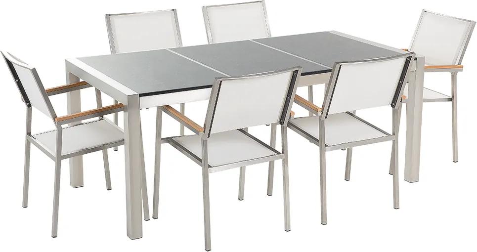 Tuinset gepolijst graniet/RVS grijs driedelig tafelblad 180 x 90 cm met 6 stoelen wit GROSSETO