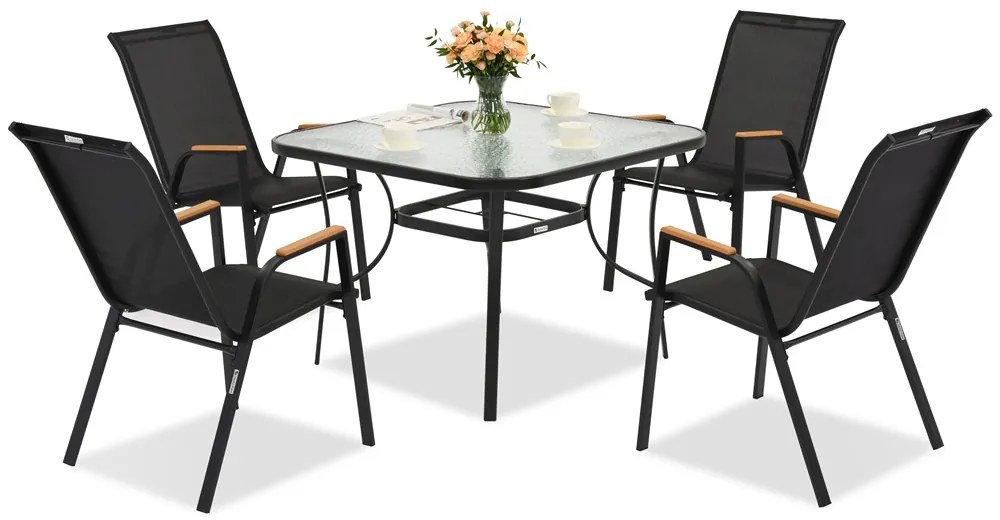 Modena/Bitonto Wood metalen tuinmeubelen voor 4 personen met Garden Point vierkante tafel zwart