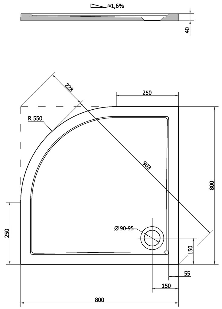 Polysan Sera kwartronde douchebak 80x80x4cm wit