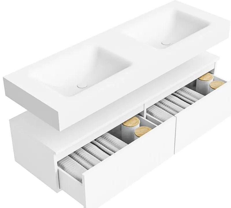 Zaro Alan badmeubel 140cm talc 2 lades met vrijhangende wastafel cloud dubbel 2 kraangaten talc