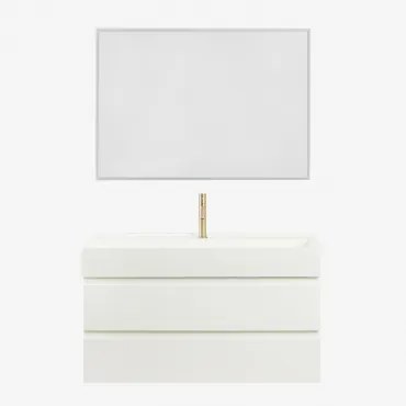 Badkamermeubelset Van Hout En Essenhoutfineer Met Geïntegreerde Wastafel Ona Wit & Rechthoekige Led En Anticondens 100x70 Cm Riben & Goud - Sklum