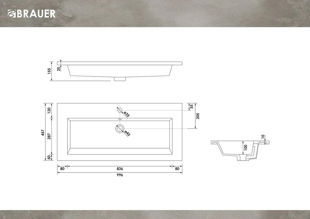 Brauer Solar Slim wastafel mineraalmarmer 100cm met 1 kraangat wit glans