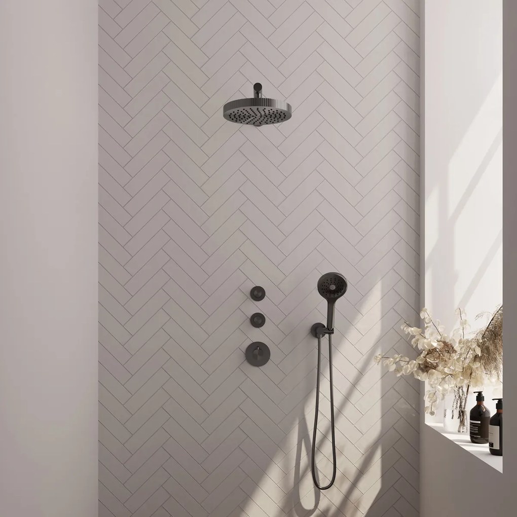 Brauer Stripe inbouw regendouche met 25cm hoofddouche, rechte muurarm en 3 standen handdouche set 4 gunmetal geborsteld PVD