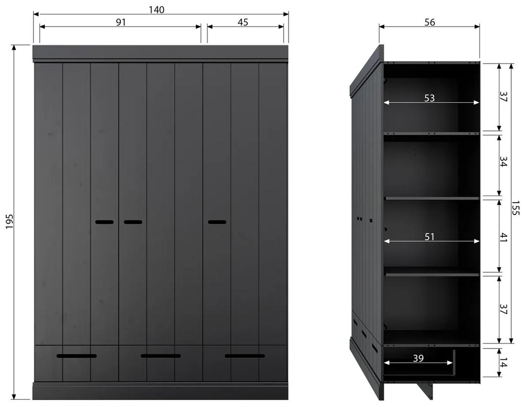 Zwarte Kledingkast 3-deurs Met Lades - 140x53x195cm.