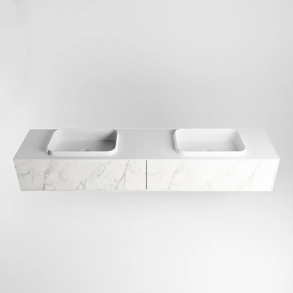 Mondiaz Erin 200cm badmeubel Carrara met 2 lades en witte wastafel dubbel zonder kraangaten
