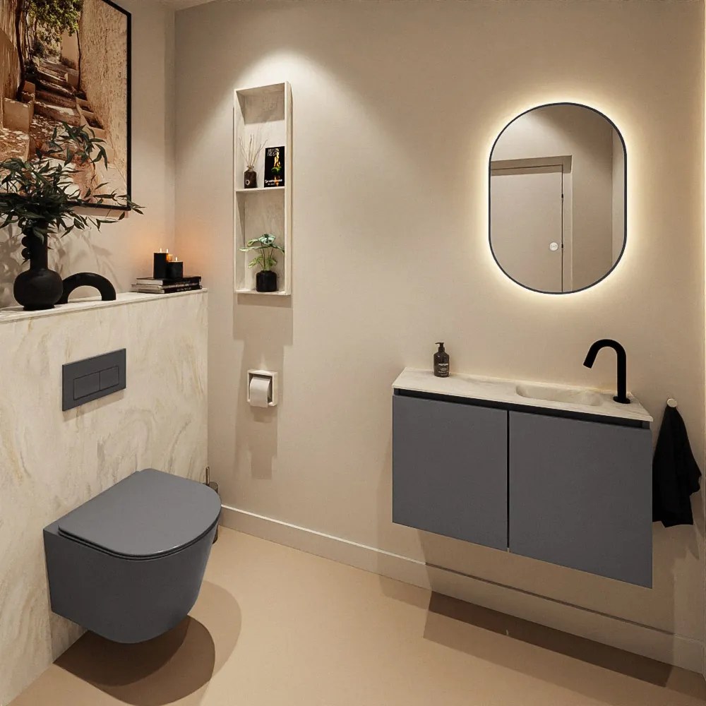 Mondiaz Ture DLux toiletmeubel 80cm dark grey met wastafel ostra rechts met kraangat