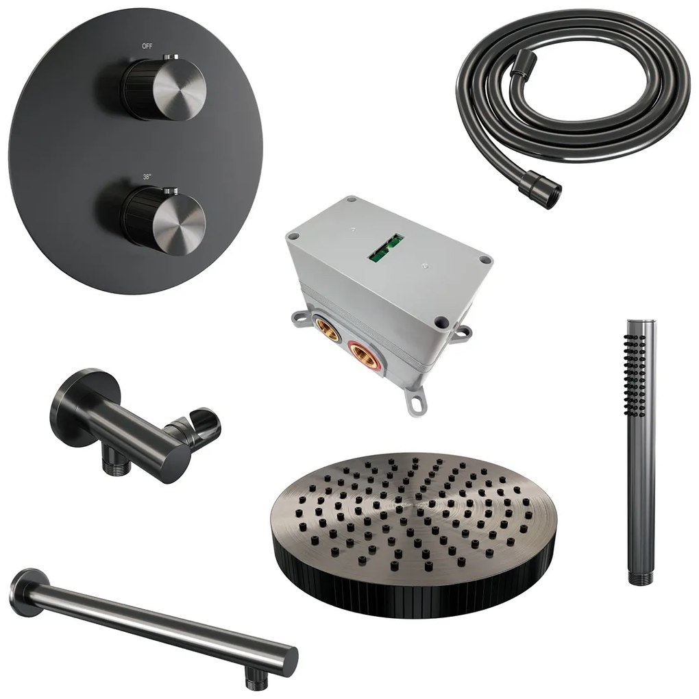 Brauer Stripe inbouw regendouche rond met 25cm hoofddouche, rechte muurarm en staafhanddouche set 37 gunmetal geborsteld PVD
