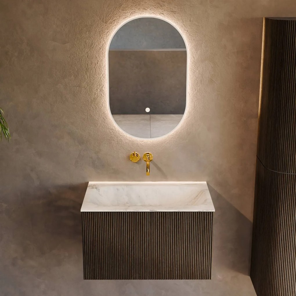 Mondiaz Kurve-dlux 70cm badmeubel shadow met 1 lade en wastafel big small midden zonder kraangat opalo