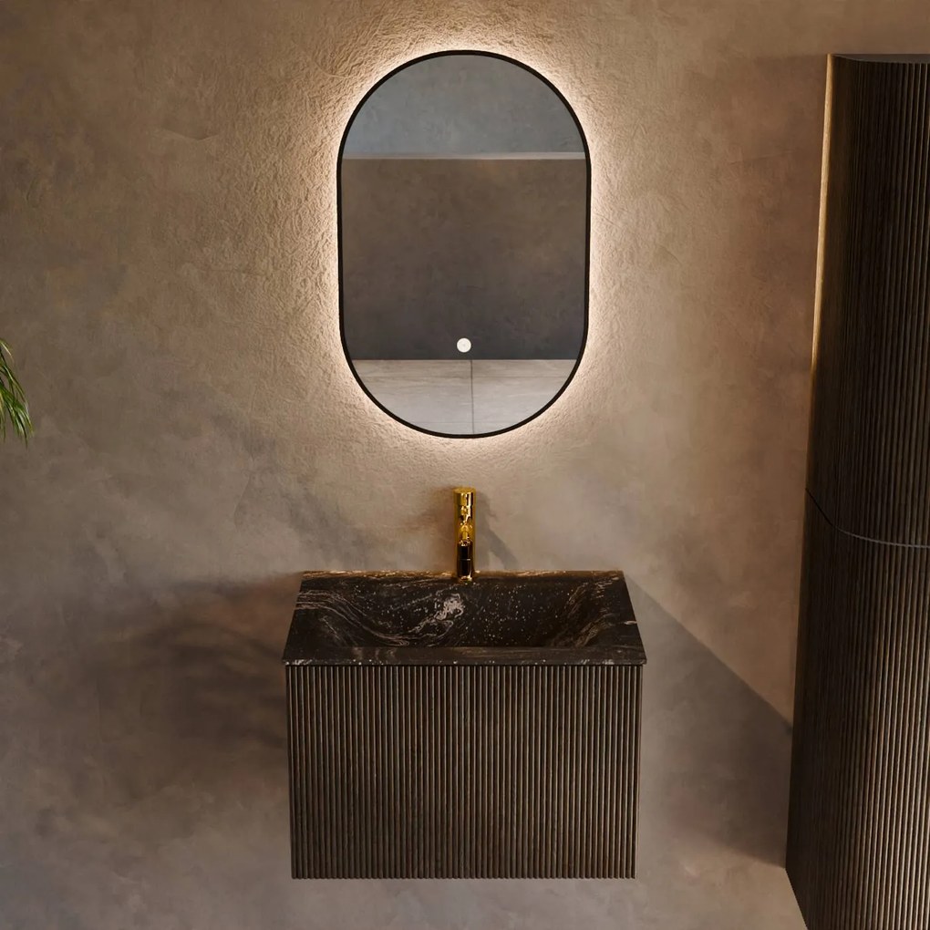 Mondiaz Kurve-dlux 60cm badmeubel shadow met 1 lade en wastafel cloud midden 1 kraangat lava