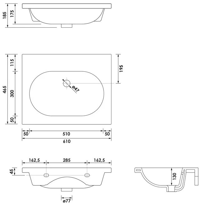 Brauer Moon wastafel keramiek 60cm zonder kraangat wit glans